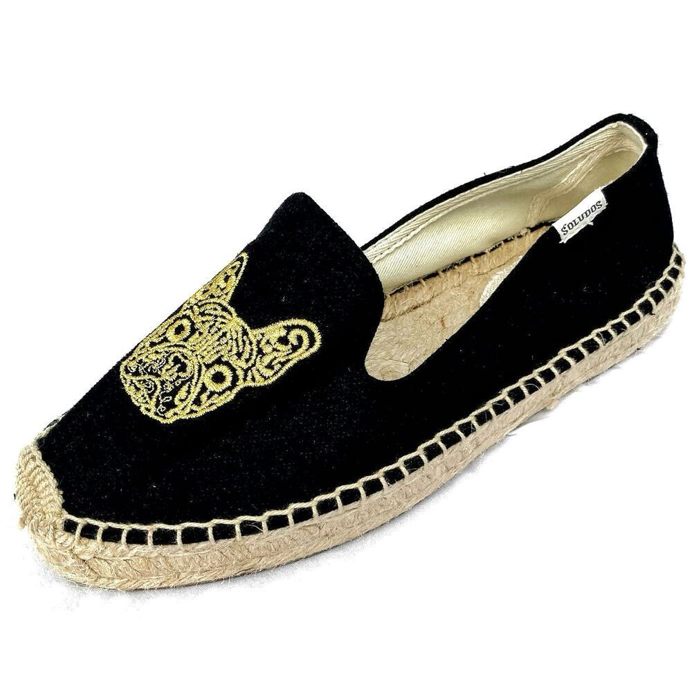 Soludos French Bulldog Embroidered Espadrilles Black Canvas Flats  Summer Vacay - Picture 4 of 16